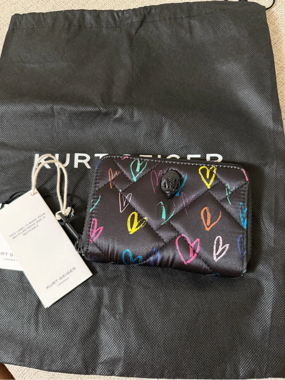 Kurt Geiger Black Quilted Heart Print Card Holder with Multicolor Hearts